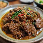 Close-up of a plate of Indonesian Beef Rendang with a rich sauce and herbs.
