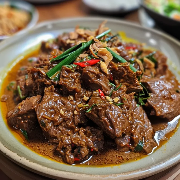 The Vibrant Flavors of Indonesia: A Beef Rendang Recipe That Celebrates Tradition Close-up of a plate of Indonesian Beef Rendang with a rich sauce and herbs.