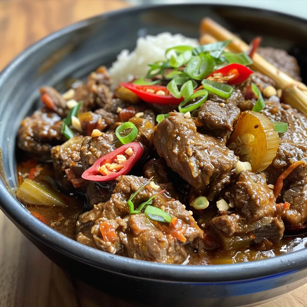 A side view of tender beef chunks in a dark, aromatic sauce garnished with herbs.