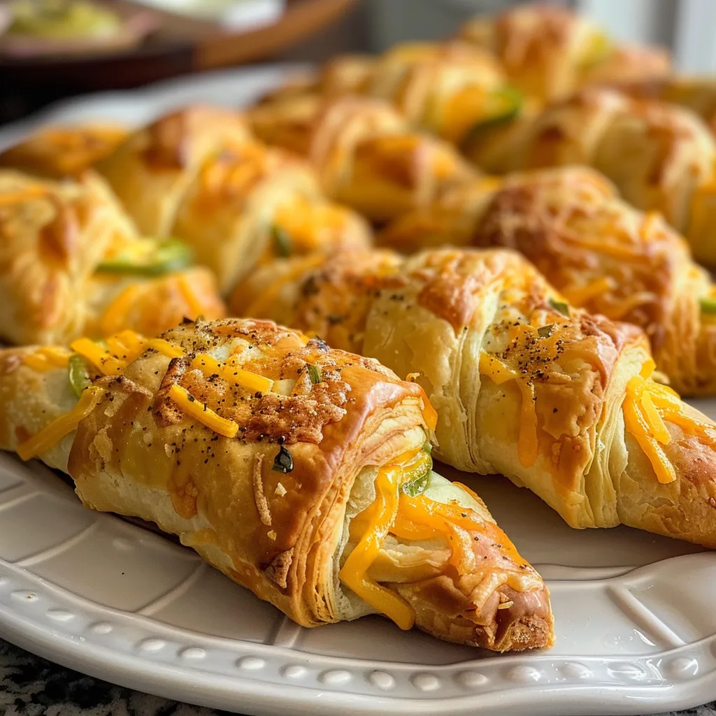 Side view of freshly baked Jalapeno Popper Twists on a plate, showcasing their flaky pastry and cheesy filling.