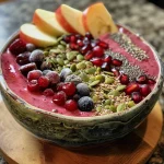 Close-up side view of a colorful KORU Apple Berry Smoothie Bowl topped with fruit, seeds, and greens.