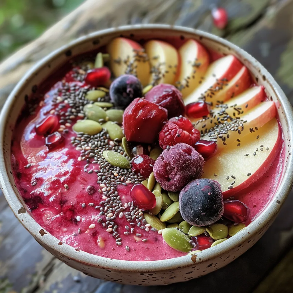 Bowl filled with a vibrant smoothie blend, garnished with apple slices, chia seeds, and berries.