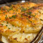 Close-up view of a creamy potato casserole topped with melted cheese and chives.