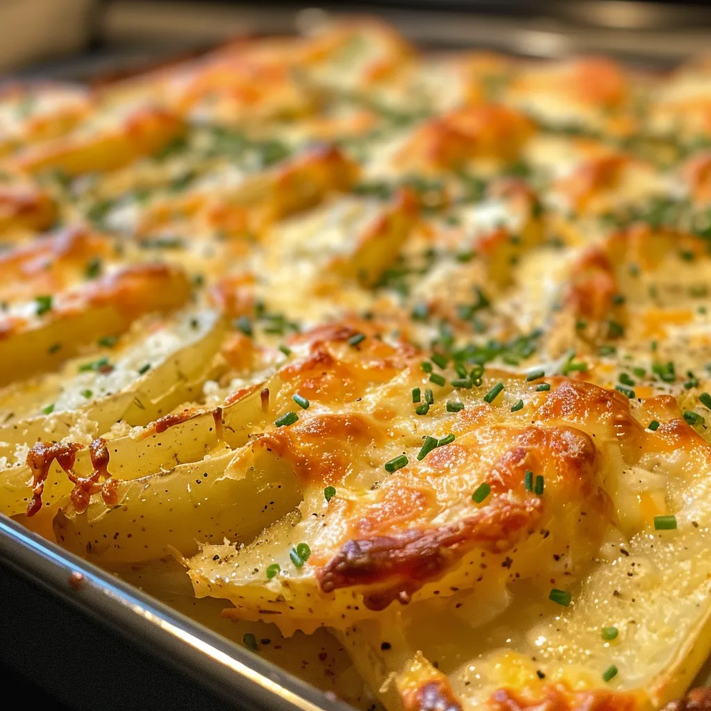 Side view of a golden-brown potato casserole, showcasing layers of cheese and potatoes.