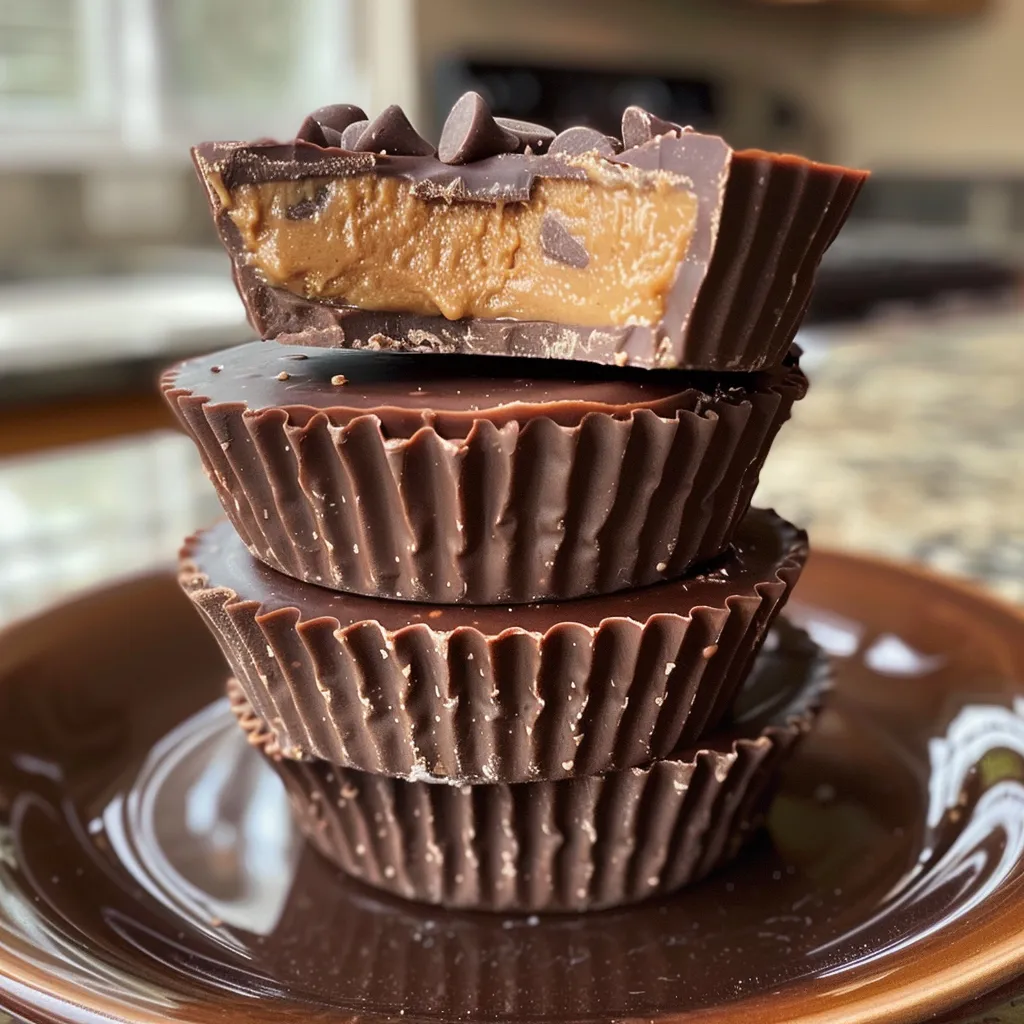 Side view of a decadent No Bake Reese's Truffle Cup showcasing chocolate and peanut butter layers.