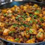 Close-up view of a serving of One Pot Ground Beef and Potatoes with garnishes.