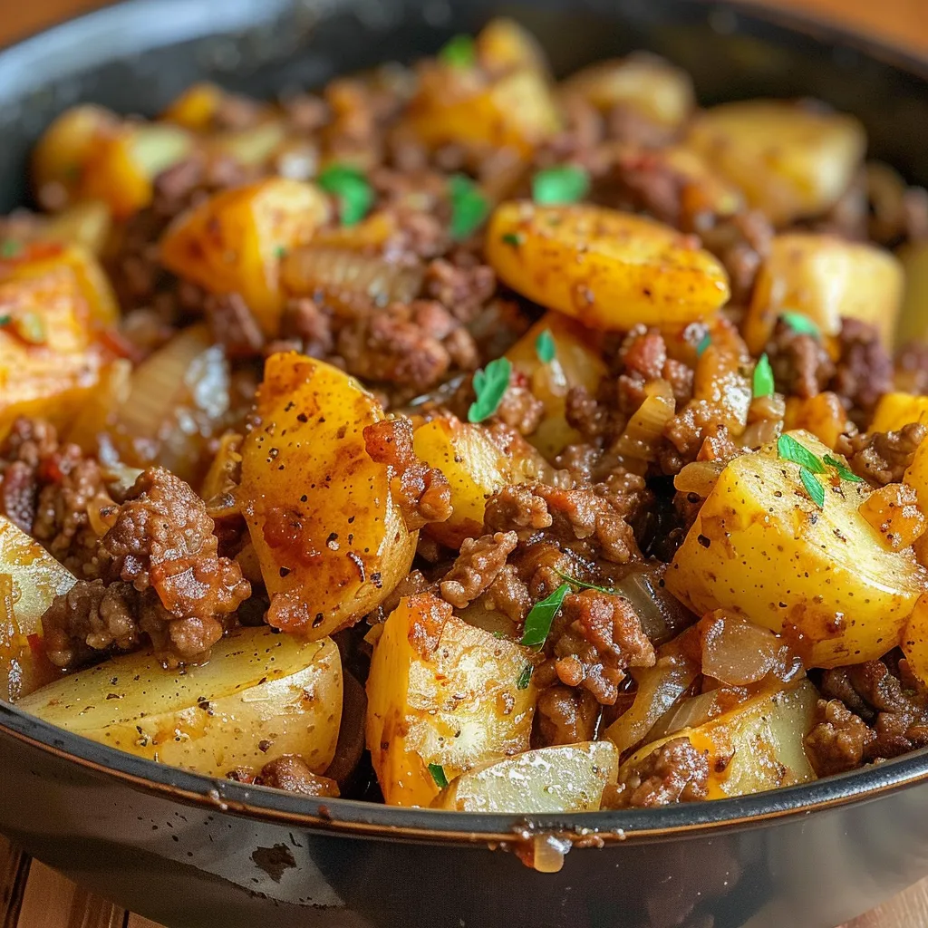 Side view of a hearty One Pot Ground Beef and Potatoes dish in a bowl.