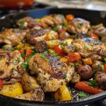 Juicy chicken pieces and colorful vegetables sizzling in a skillet.