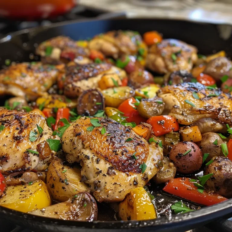Juicy chicken pieces and colorful vegetables sizzling in a skillet.