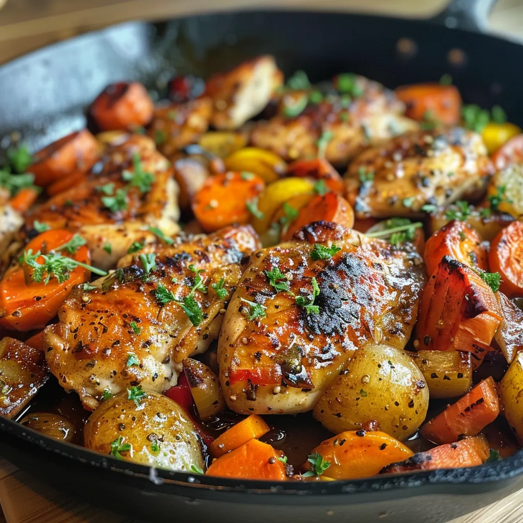 A flavorful mix of chicken and various vegetables in a frying pan.