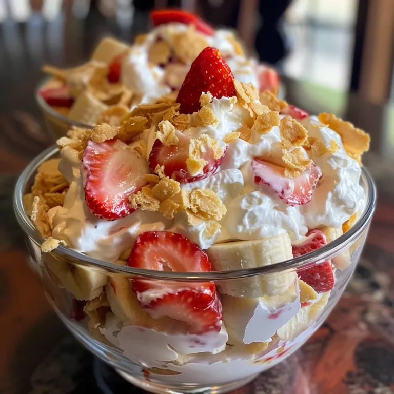 Close-up view of a creamy strawberry banana pudding dessert with layers of fruit and vanilla wafers.