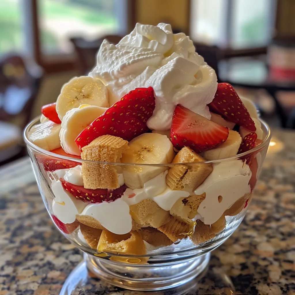 Side view of a delicious pudding featuring sliced bananas and strawberries on top of layered wafers.