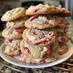Close-up of strawberry cheesecake cookies with a golden-brown exterior and bits of fresh strawberries.