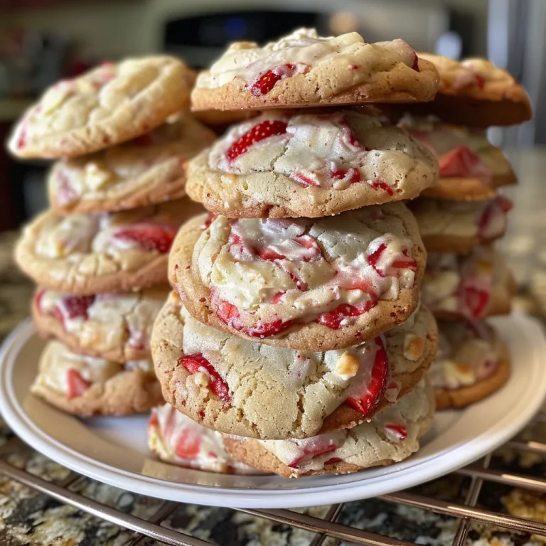Close-up of strawberry cheesecake cookies with a golden-brown exterior and bits of fresh strawberries.