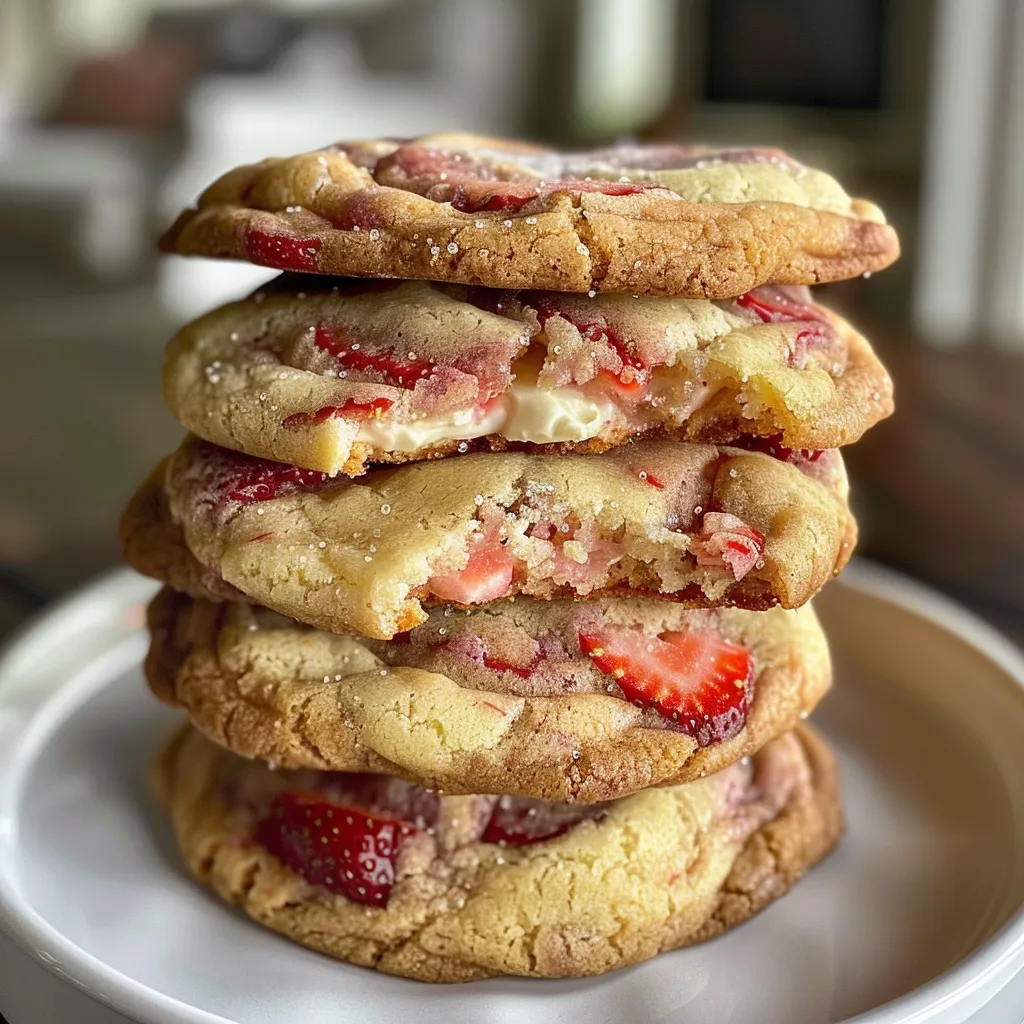 Side view of delicious strawberry cheesecake cookies showcasing cream cheese and strawberry chunks.
