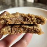 Close-up view of a crumbly vegan Levain cookie on a wooden surface.