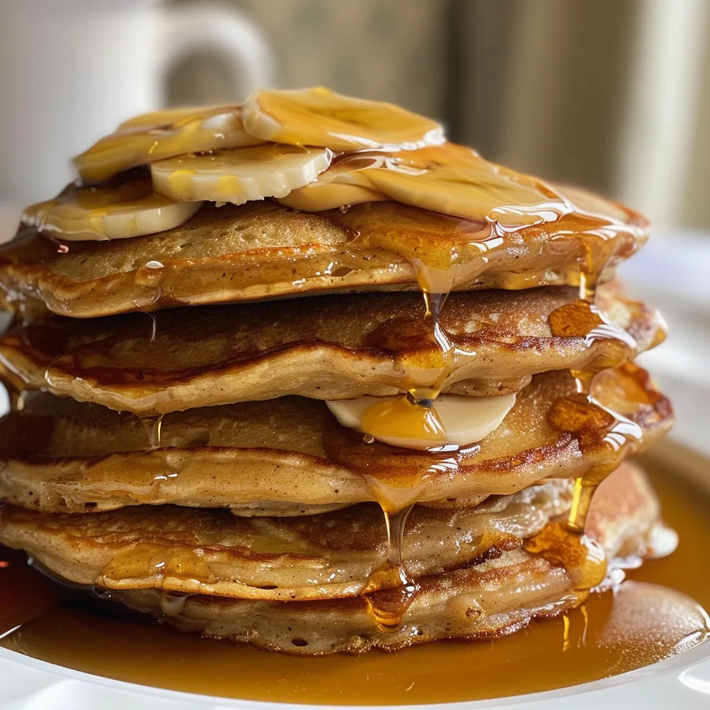 Side view of golden vegan pancakes topped with fresh berries and syrup.