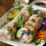 Close-up view of fresh Vietnamese spring rolls filled with shrimp and colorful vegetables.