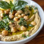 Close-up view of a creamy lemon basil hummus in a bowl, garnished with fresh basil leaves and a drizzle of olive oil.