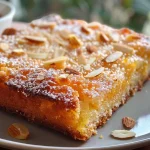 A close-up side view of a moist Italian Almond Orange Cake topped with sliced almonds and a dusting of powdered sugar.