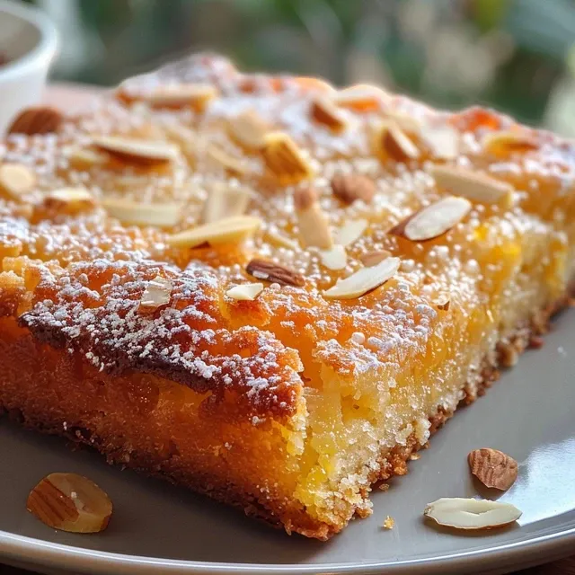 A Slice of Sunshine: The Italian Almond Orange Cake That Brightens Every Table A close-up side view of a moist Italian Almond Orange Cake topped with sliced almonds and a dusting of powdered sugar.