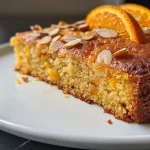 Close-up side view of a moist Almond Orange Olive Oil Cake with a golden crust.