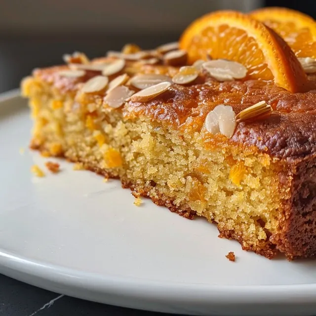 A Slice of Sunshine: The Almond Orange Olive Oil Cake That Brightens Every Gathering Close-up side view of a moist Almond Orange Olive Oil Cake with a golden crust.