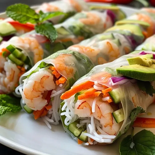 Side view of juicy Vietnamese spring rolls showcasing shrimp, avocado, and vibrant veggies.