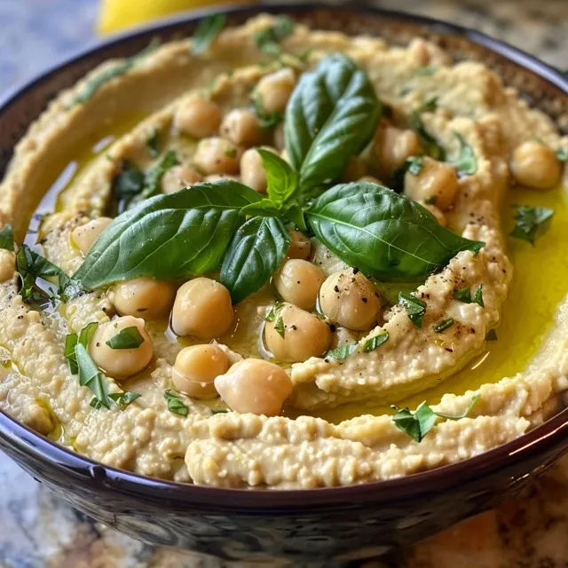 Side view of a vibrant yellow-green hummus with lemon slices and basil on top, set against a simple background.