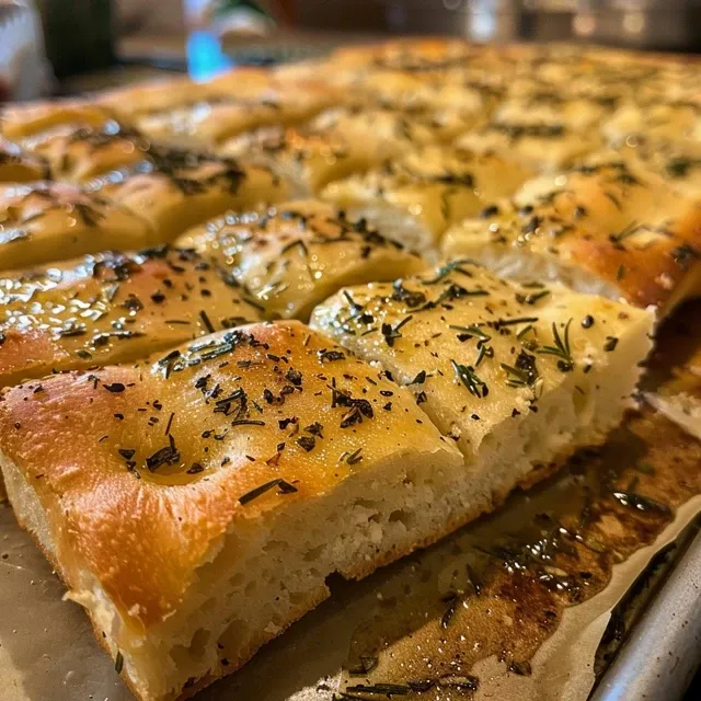 Side view of freshly baked Garlic Rosemary Herb Focaccia with herbs visible on top.