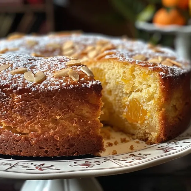 A beautifully presented slice of Italian Almond Orange Cake showing its soft texture and almond topping.