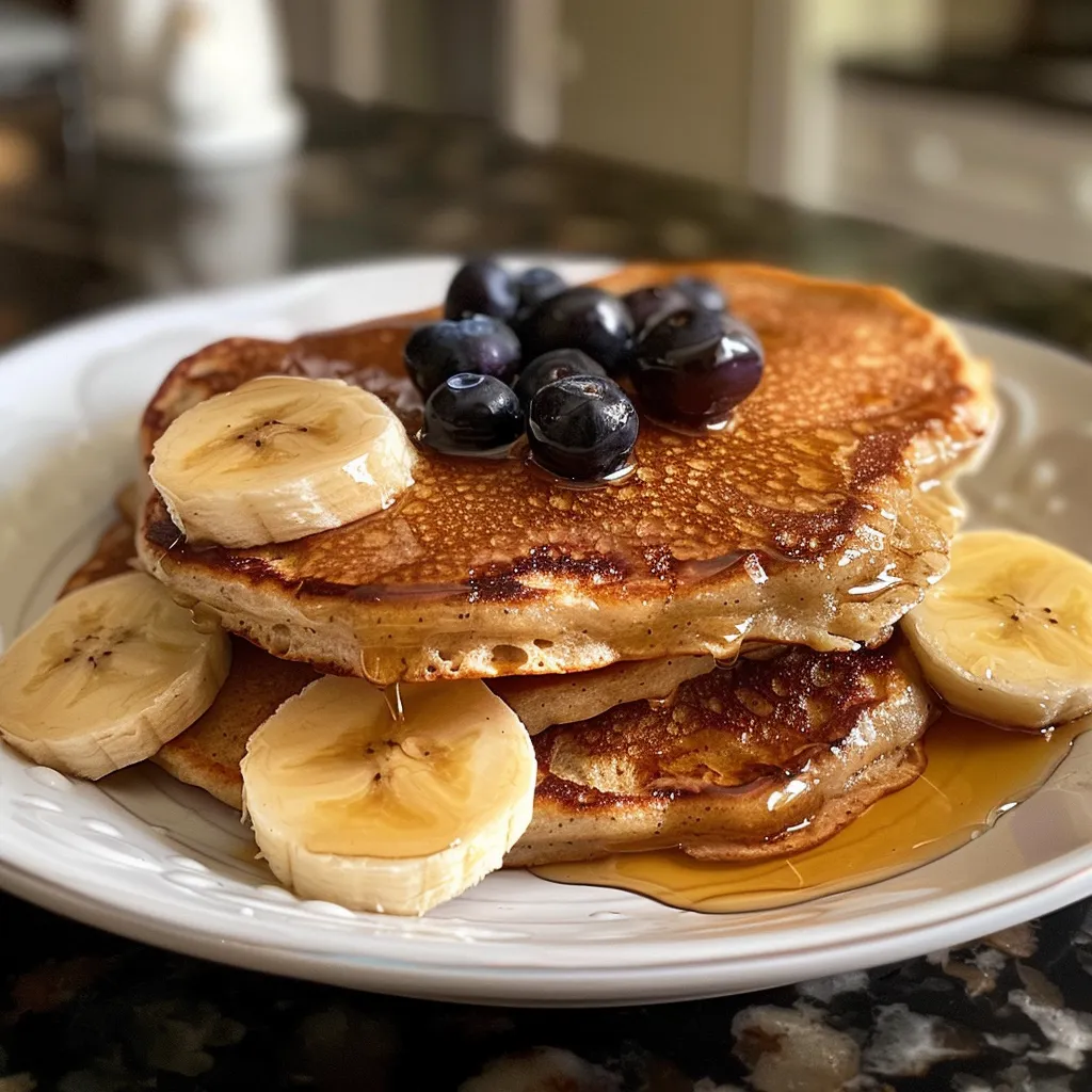 Side view of freshly made banana pancakes with a smooth, fluffy texture, garnished with banana pieces.