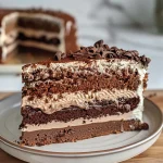 Close-up view of a four-layer chocolate dessert with rich layers of dark chocolate, cream, and cocoa dusting.
