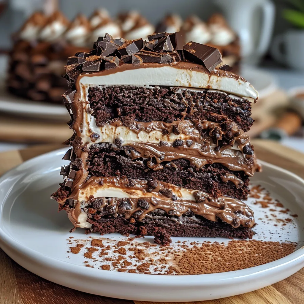 Side view of a decadent four-layer chocolate cake showcasing rich chocolate layers and smooth cream.