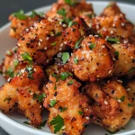A close-up view of juicy Air Fryer Hot Honey Chicken Bites garnished with sauce.