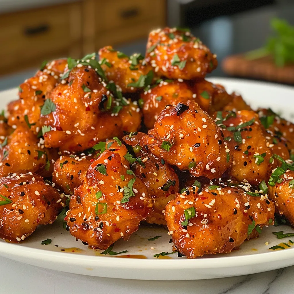 Side view of crispy chicken pieces glistening with hot honey, served on a plate.