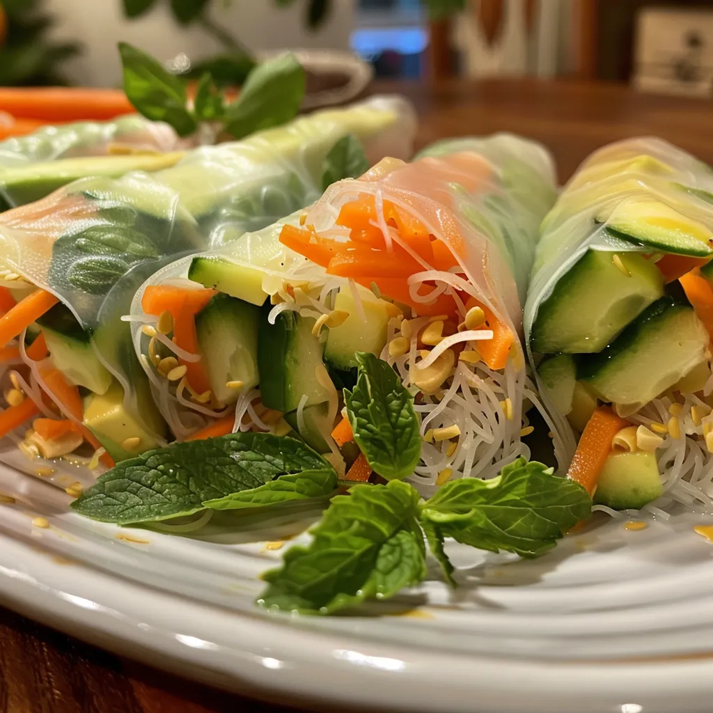 Juicy avocado spring rolls displayed on a plate, showcasing colorful ingredients and dipping sauce.