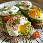 Close-up of avocado toast topped with a poached egg, garnished with black pepper and red pepper flakes.
