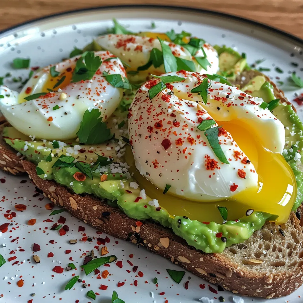 Side view of thick sourdough avocado toast garnished with a runny poached egg.