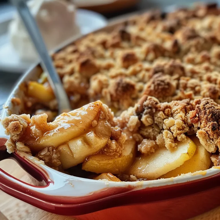 Close-up view of baked apple crumble in a rustic dish with a creamy topping.