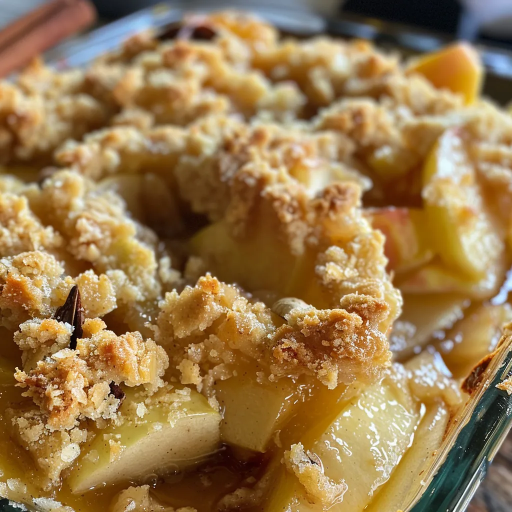 Side view of a delicious baked apple crumble topped with whipped cream and cinnamon.