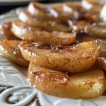 Freshly baked apple slices arranged on a plate, glistening with a buttery glaze.
