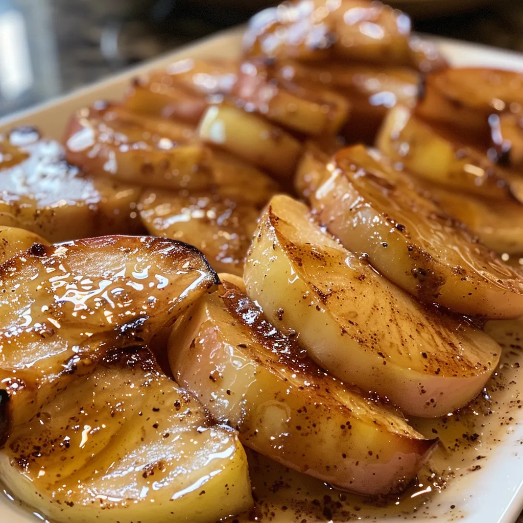 A close-up view of warm baked apple slices with a sprinkle of cinnamon, served on a wooden table.