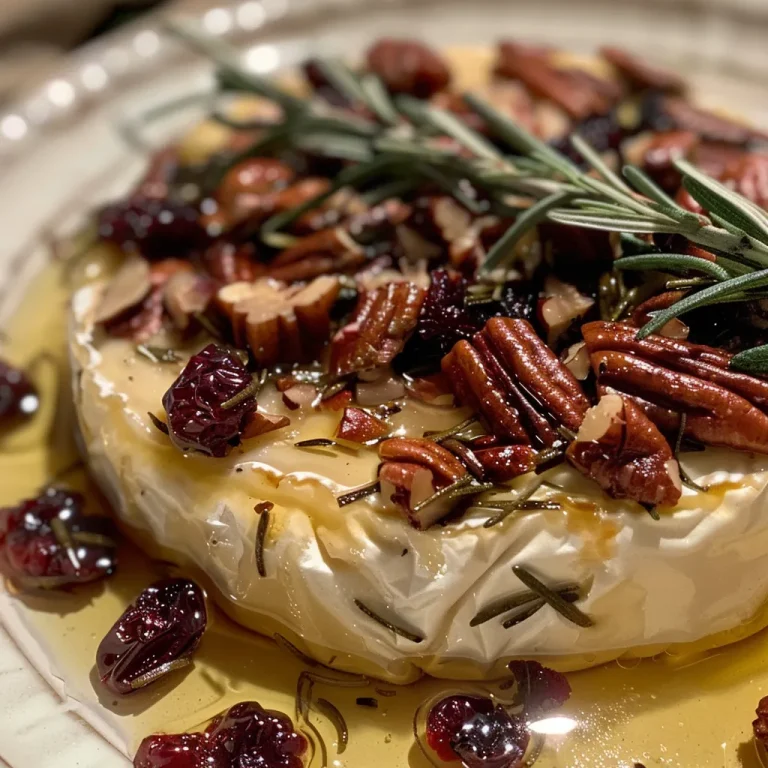 Close-up view of a baked Brie wheel topped with cranberries and pecans, drizzled with honey.