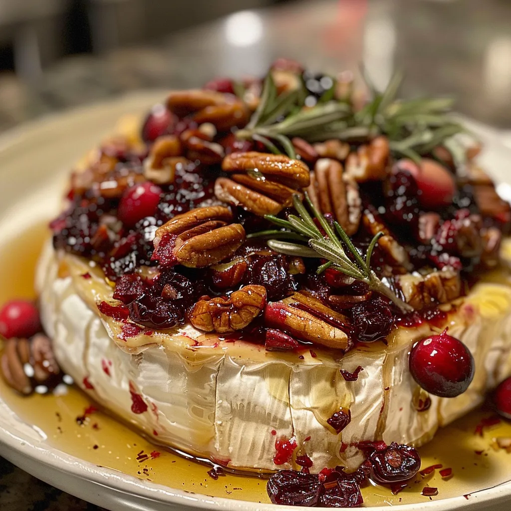 Side view of melted Brie cheese with red cranberries and crunchy pecans, garnished with rosemary.