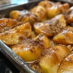 Close-up of baked cinnamon apples with a golden-brown glaze.