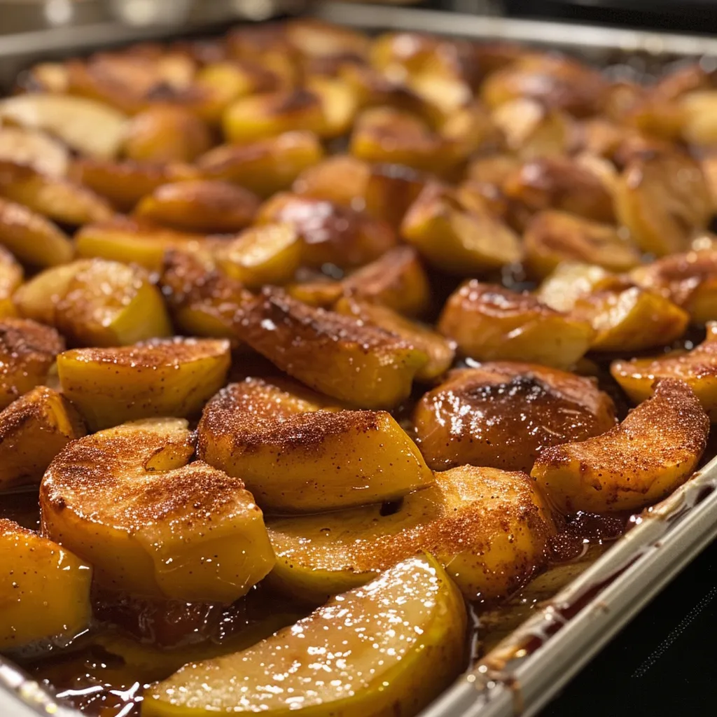 Juicy cinnamon-spiced apple slices layered in a dish.