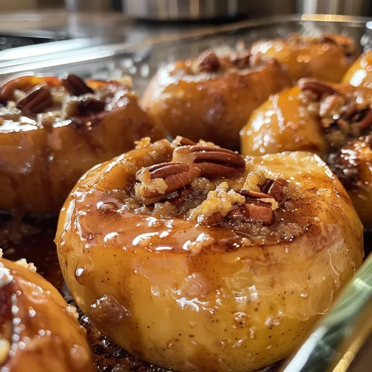 A Cozy Autumn Delight: Baked Cinnamon Sugar Apples to Savor Close-up view of baked cinnamon sugar apples with oats and pecans in a dish.