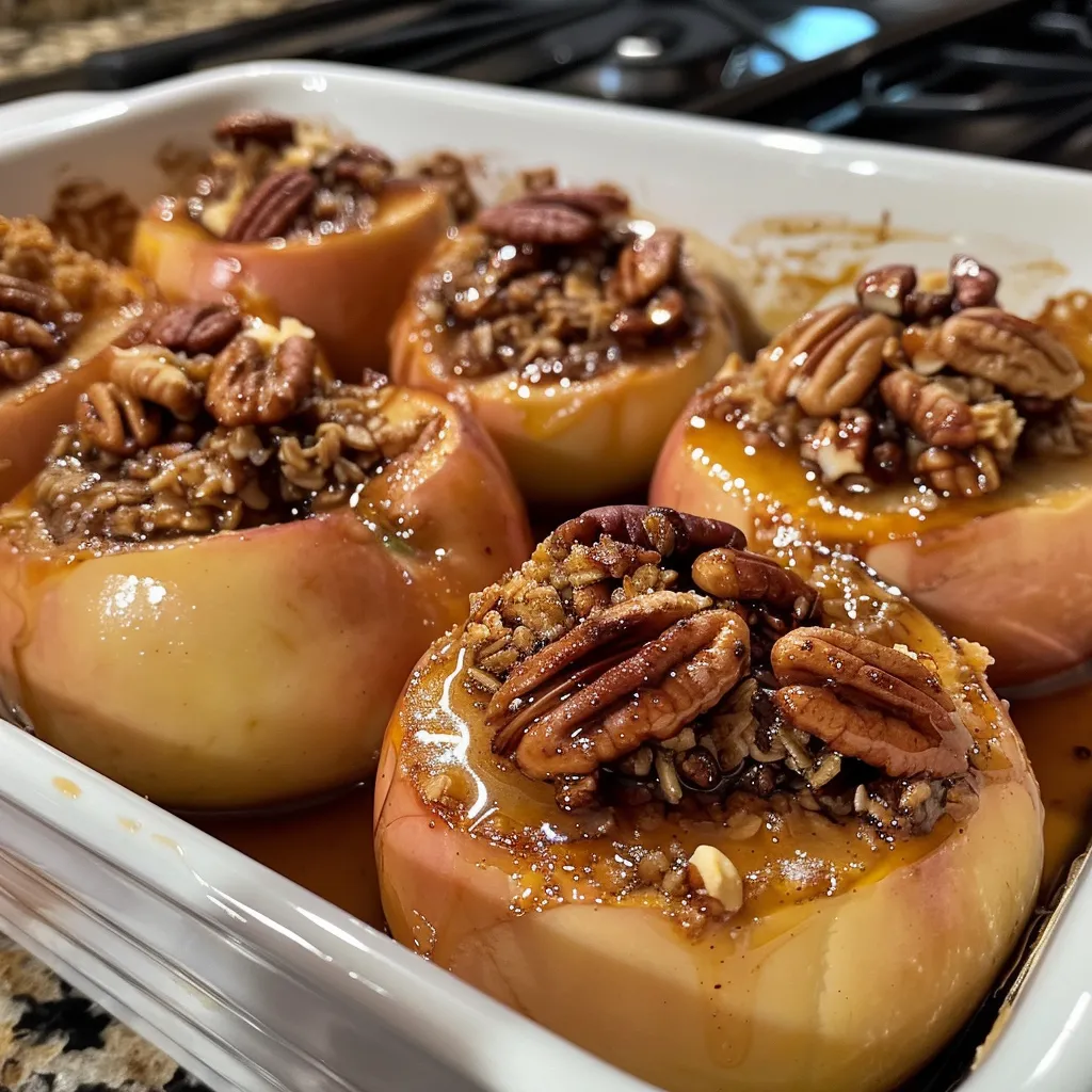 Juicy baked apples topped with cinnamon sugar and nuts, ready to serve.