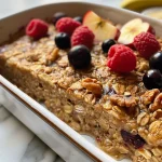 Close-up view of baked oatmeal featuring mixed berries and nuts.